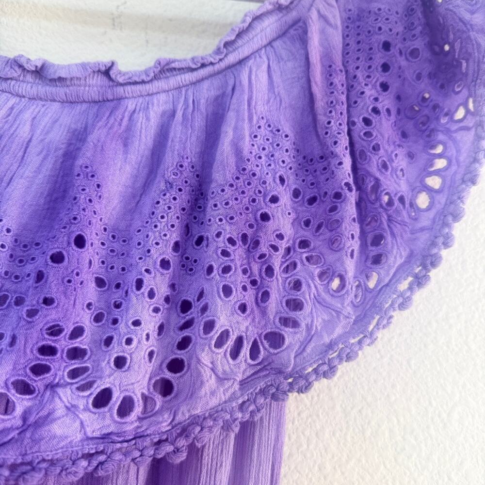 RAMY BROOK Off Shoulder Boho Eyelet Mini Dress Purple Peasant Festival Medium - Picture 8 of 9